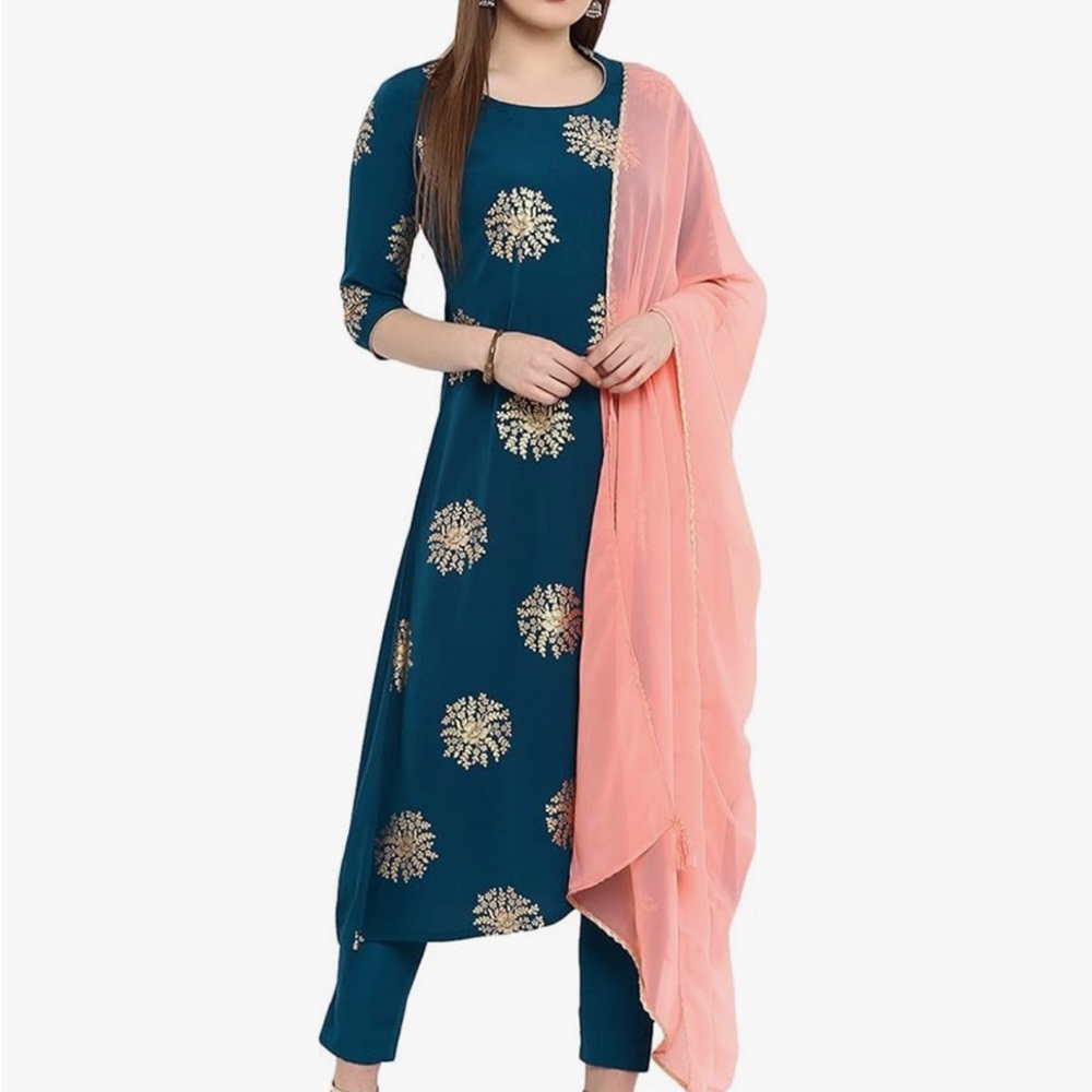 Elegant Blue Wedding Guest Kurta with Peach Dupatta